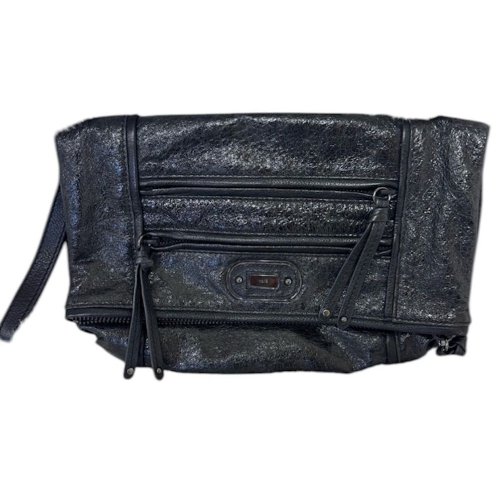 Rafe New York Black Metallic Leather Clutch Wristlet Evening Bag
